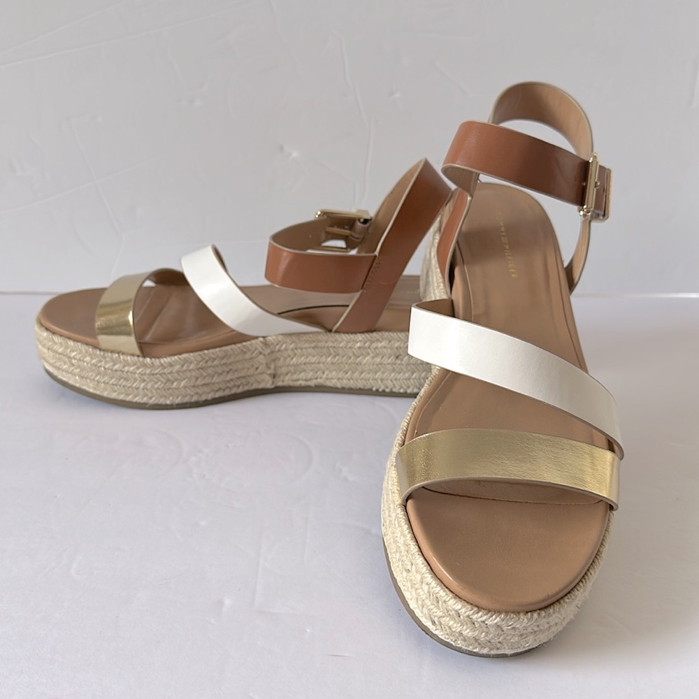 Tommy Hilfiger Espadrille Wedge Sandals 8.5 Tan Brown Gold White Buckle Logo - Picture 10 of 10